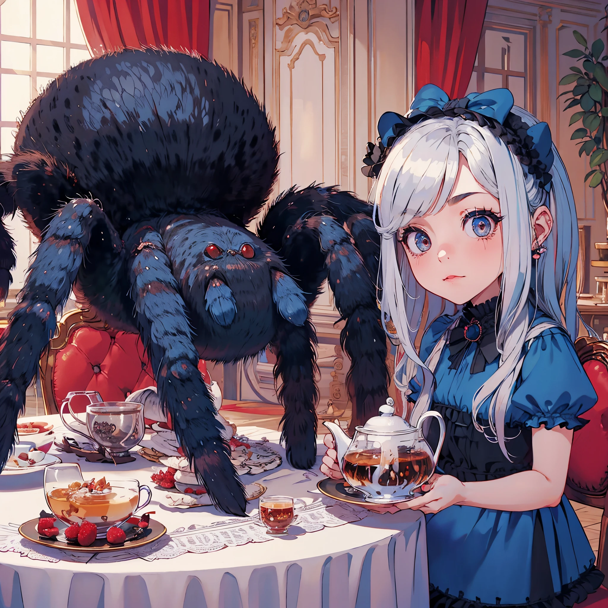 A girl and a big tarantula. A black and blue glossy tarantula. The girl's eyes are red. Tea party. Inside the mansion.