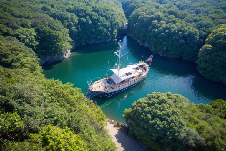A small boat sailing through a tropical jungle, ((Aerial Photography)),