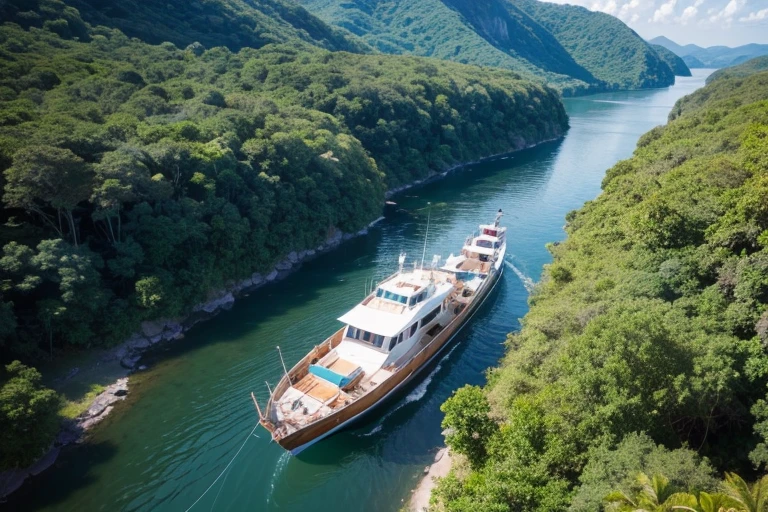 A small boat sailing through a tropical jungle, ((Aerial Photography)),