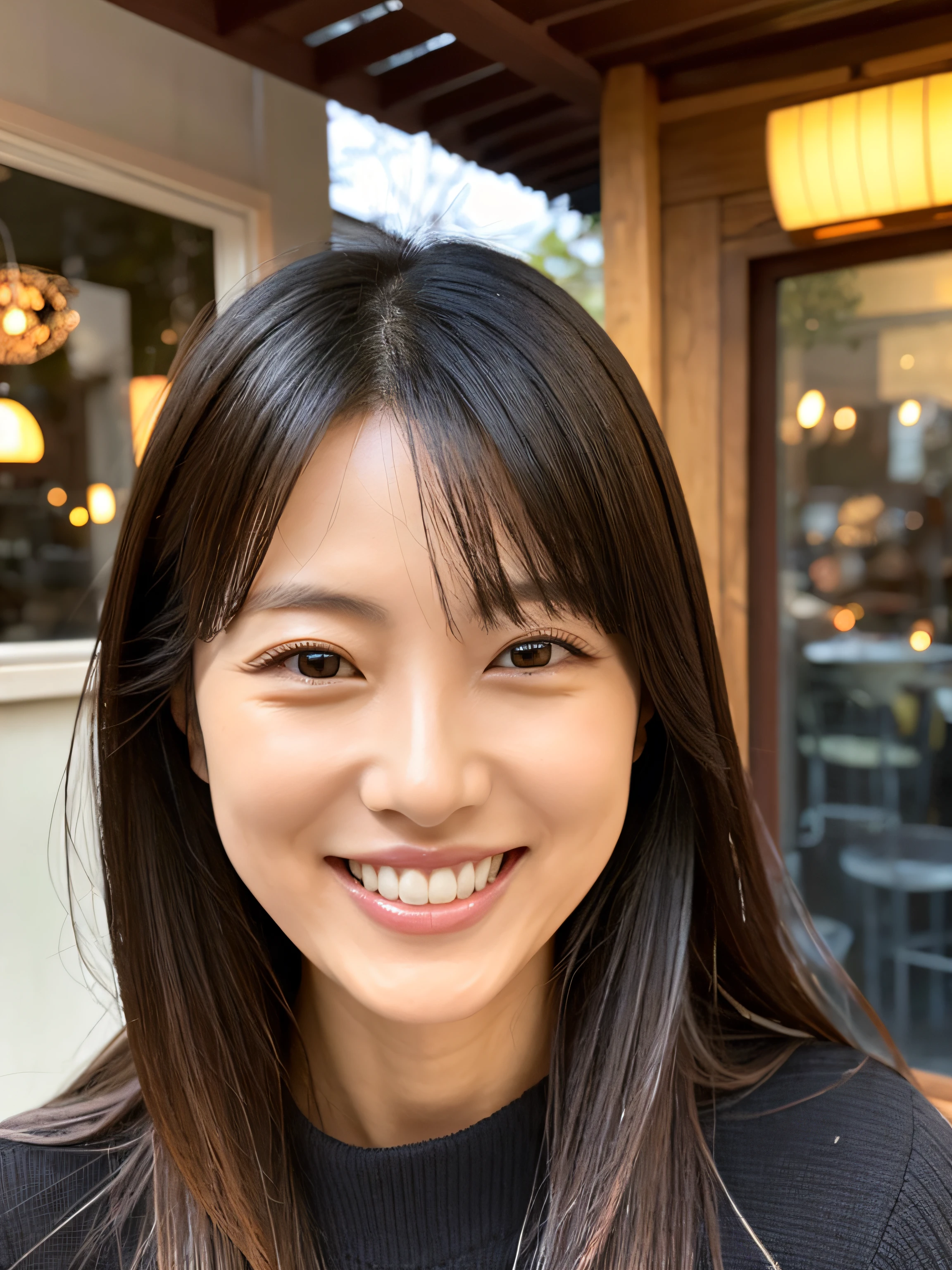 A Japanese milf, photo of one lady, Slender figure, Realistic teeth, double eyelids, smile, full-length, at the Restaurant