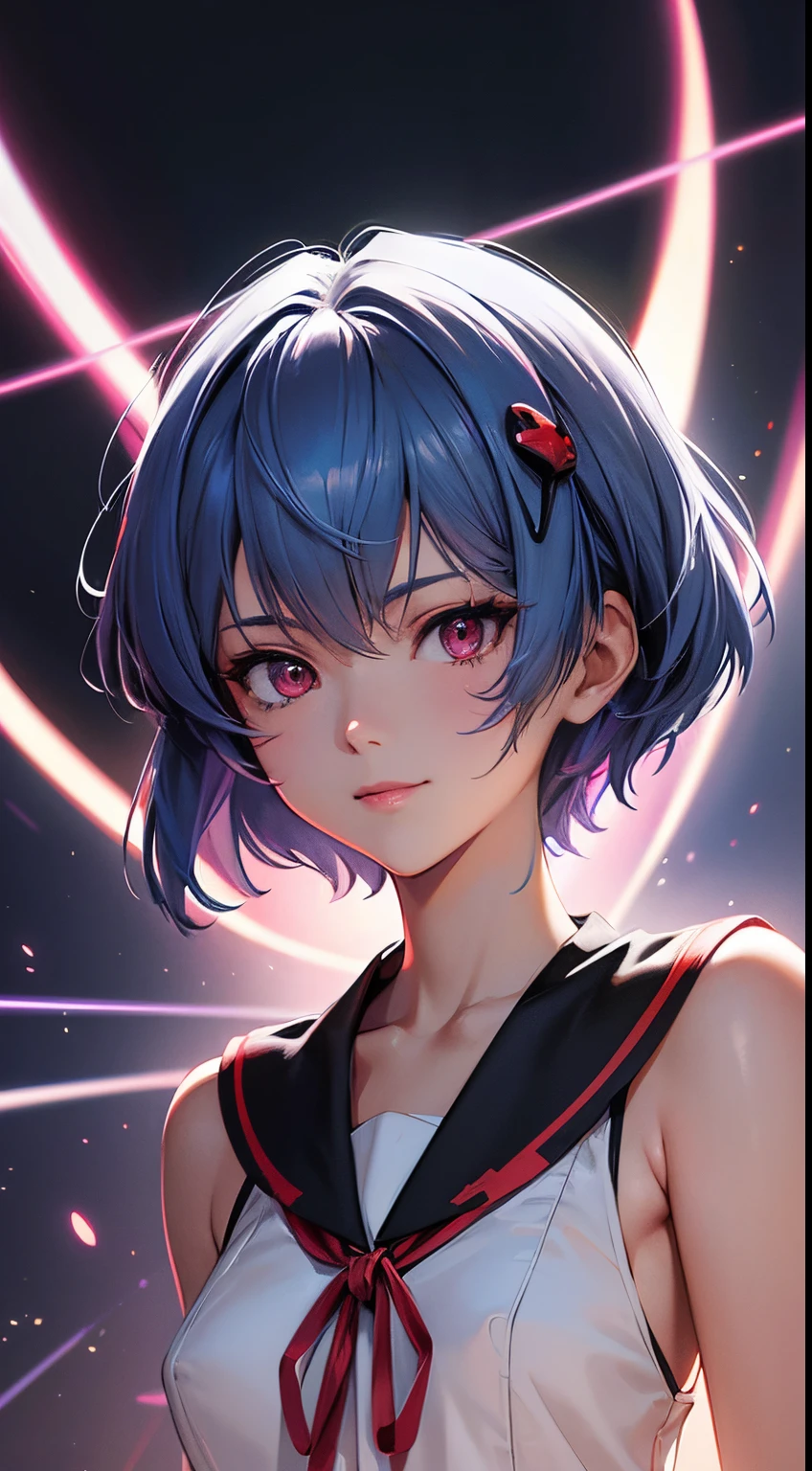 Evangelion Cockpit,Masterpiece portrait of a smiling Rei Ayanami (Evangelion), Evangelion (Hideaki), Caustics, High resolution illustration,years, Red Eyes, Feminine, no pupils, Blue hair, Short hair, Very small breasts,Japan school uniform, lowfers, swpunk, Synth Wave, Paint splatters, shaded flat illustration, Digital Art, Trending on ArtStation, Highly detailed, Fine detail, Convoluted, Splatter, Outrun, Vaporware, neon color