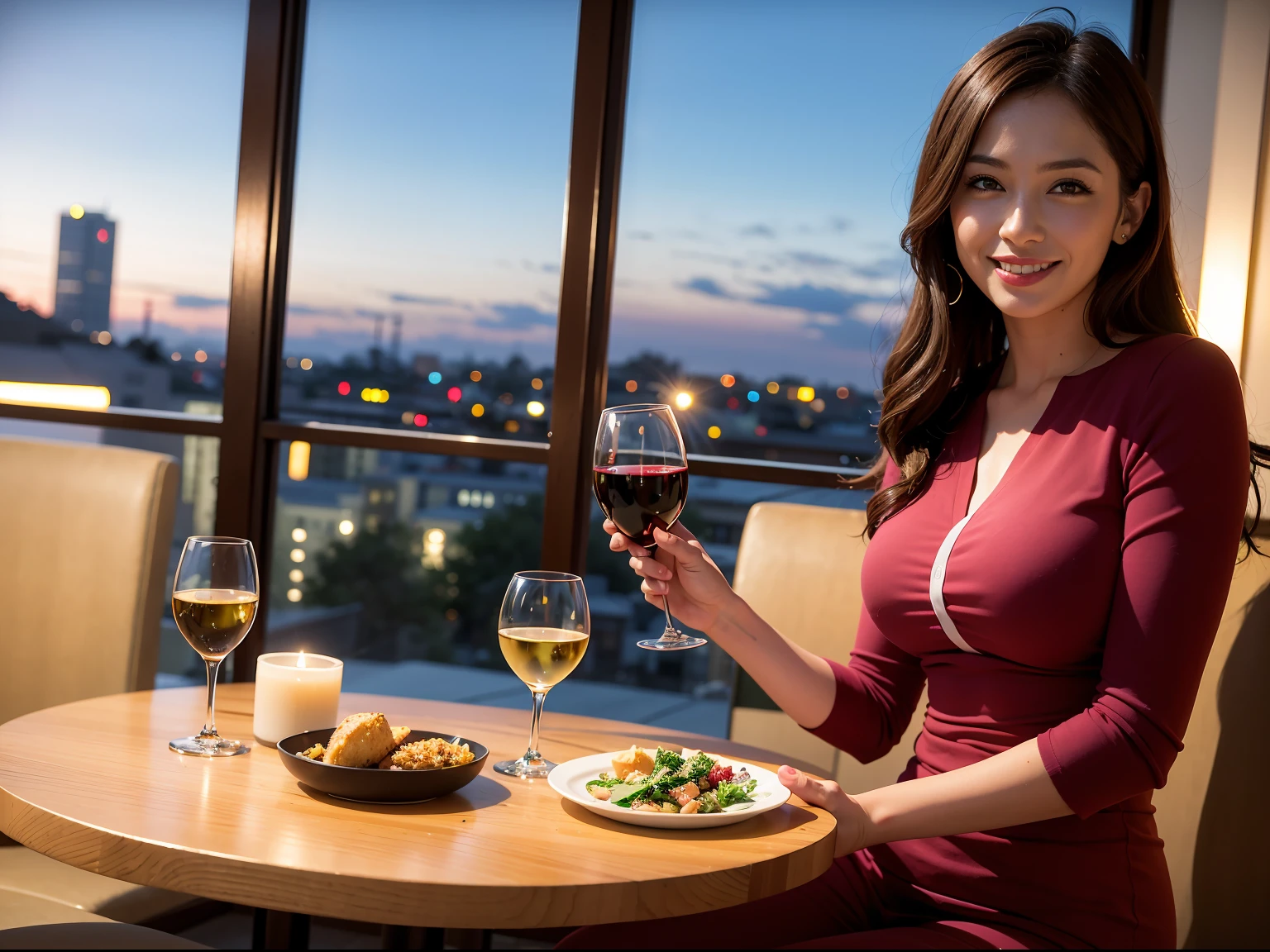(64K, UHD, top quality, masterpiece: 1.2), (realistic, photorealistic: 1.37), super detailed, pretty woman 1 person, (slim face), (slim body), (brown hair), (short cut), cheeks slightly blushing, (44 years old), 38 years old, solo, beautiful detailed urban night view outside the window, restaurant, wine glasses sit, at night, in a prominent placeNovaFrogStyle, Actress, Model, Waist Up, White Wine, Slim, Wine Glass, Super Clean Night View, Wine Glass Put in the Middle, Happy Smile, (Smile: 1.15), Beautiful Fine Eyes, Upper Body, Bust Japan Up, Night, Short, Short, Actress, Model, Waist Up, White Wine, Slim, Wine Glass, Super Clean Night View, Wine Glass Put in the Middle, Happy Smile,