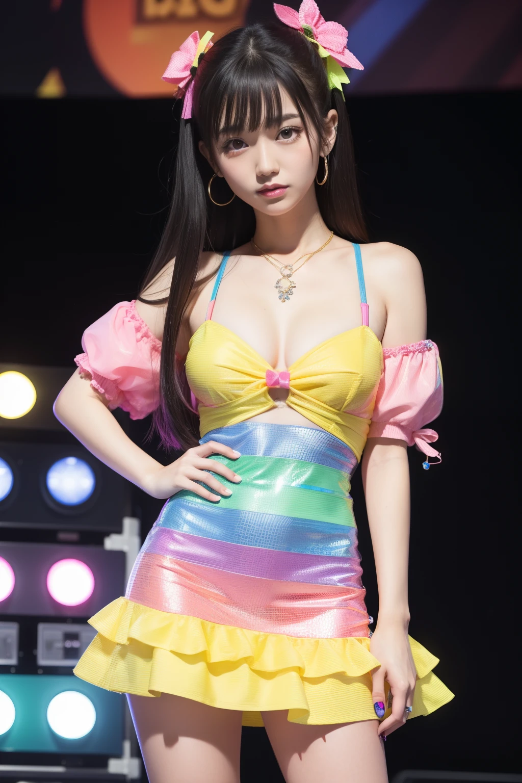 female idol、full body Esbian、colorful fluorescent mini dress、