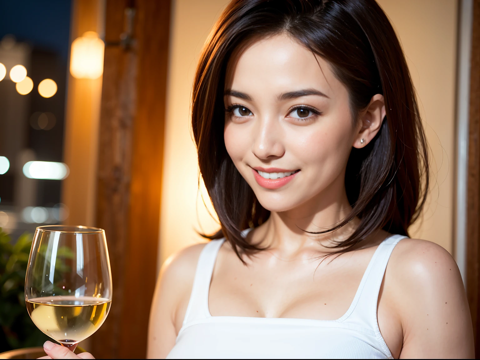 (64K, UHD, top quality, masterpiece: 1.2), (realistic, photorealistic: 1.37), super detailed, pretty woman 1 person, (slim face), (slim body), (brown hair), (short cut), cheeks slightly blushing, (44 years old), 38 years old, solo, beautiful detailed urban night view outside the window, restaurant, wine glasses sit, at night, in a prominent placeNovaFrogStyle, Actress, Model, Waist Up, White Wine, Slim, Wine Glass, Super Clean Night View, Wine Glass Put in the Middle, Happy Smile, (Smile: 1.15), Beautiful Fine Eyes, Upper Body, Bust Japan Up, Night, Short, Short, Actress, Model, Waist Up, White Wine, Slim, Wine Glass, Super Clean Night View, Wine Glass Put in the Middle, Happy Smile,