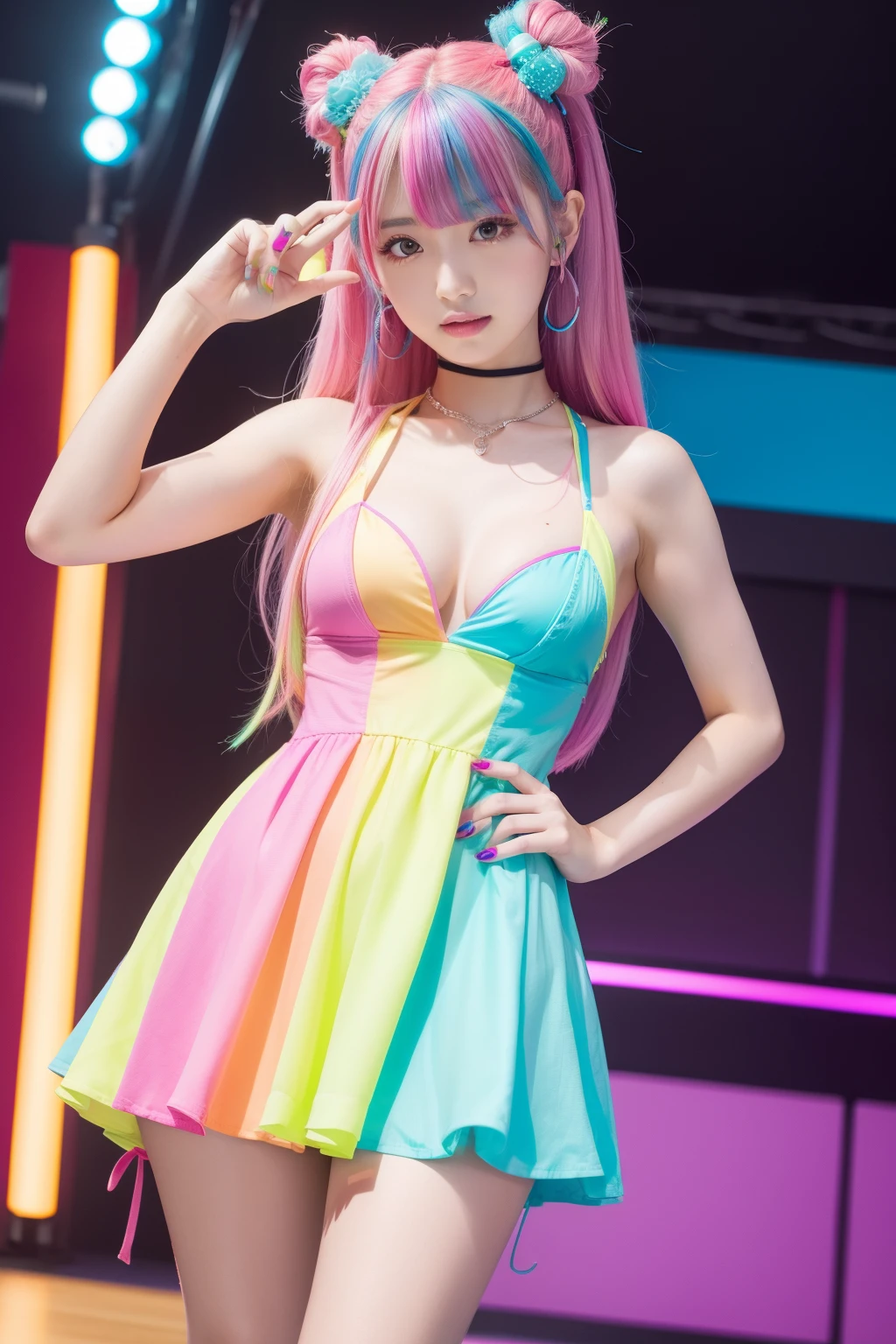 female idol、full body Esbian、colorful fluorescent mini dress、Colorful hair