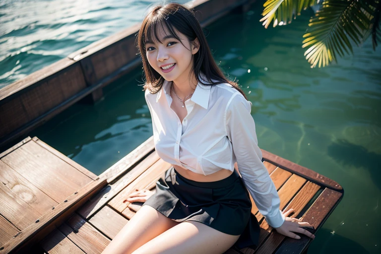 ((top-quality、in 8K、​masterpiece:1.3、Raw photo))、Super high quality photos, ((Aerial Photography)), On a small boat sailing through a tropical jungle, ((Wearing a business suit with jacket and skirt)), ((Beautiful Japanese woman sitting on a boat)),((Wear a white blouse shirt under the jacket)), ((Perfect beauty 20 year old idol Japan woman)), ((burst into laughter)), ((protruding nipples under the shirt,,)), ((slim figure)), ((Slim legs)), ((slim thigh)), (Photorealistic: 1.4), (Ultra-high detail), (hyper realisitic: 1.4), (Realistic: 1.3), (Smooth lighting: 1.05), Full body, 1girl in, Solo, (Japanese actressl),　20yr old, cinematlic lighting, ((Leaner figure)), Good anatomy, Correct anatomy, On a small boat sailing through a tropical jungle, ((Perfect beauty 20 year old idol Japan woman)), ((Slim legs)), ((slim thigh)), ,((Perfect beauty)), ((He has a small camping bag in one hand.)), ((Panties are visible through the skirt)), ((burst into laughter)), ((camel's toe)), ((Wearing a business suit with jacket and skirt)), ((Hands on the crotch)). ((Aerial Photography)), ((Wearing a skirt)),