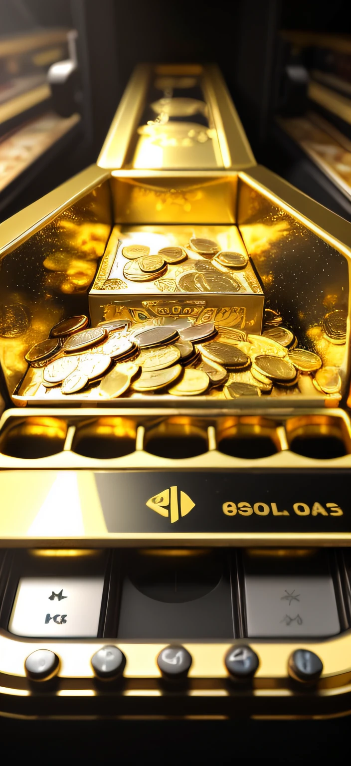 (Best quality at best,4K,8K,A high resolution,tmasterpiece:1.2),ultra - detailed,(actual,realistically,realistically:1.37),Fascinating close-up of coin pusher filled with gold coins, amazing depth, screengrab, HD capture, Insert a piece of bread into the slot, Decorated with numerous gold coins, high high quality, stunning capture, casino, Casual game, Incredible depth, Surreal, realistic gold, Gaming, Exhibited,ipone