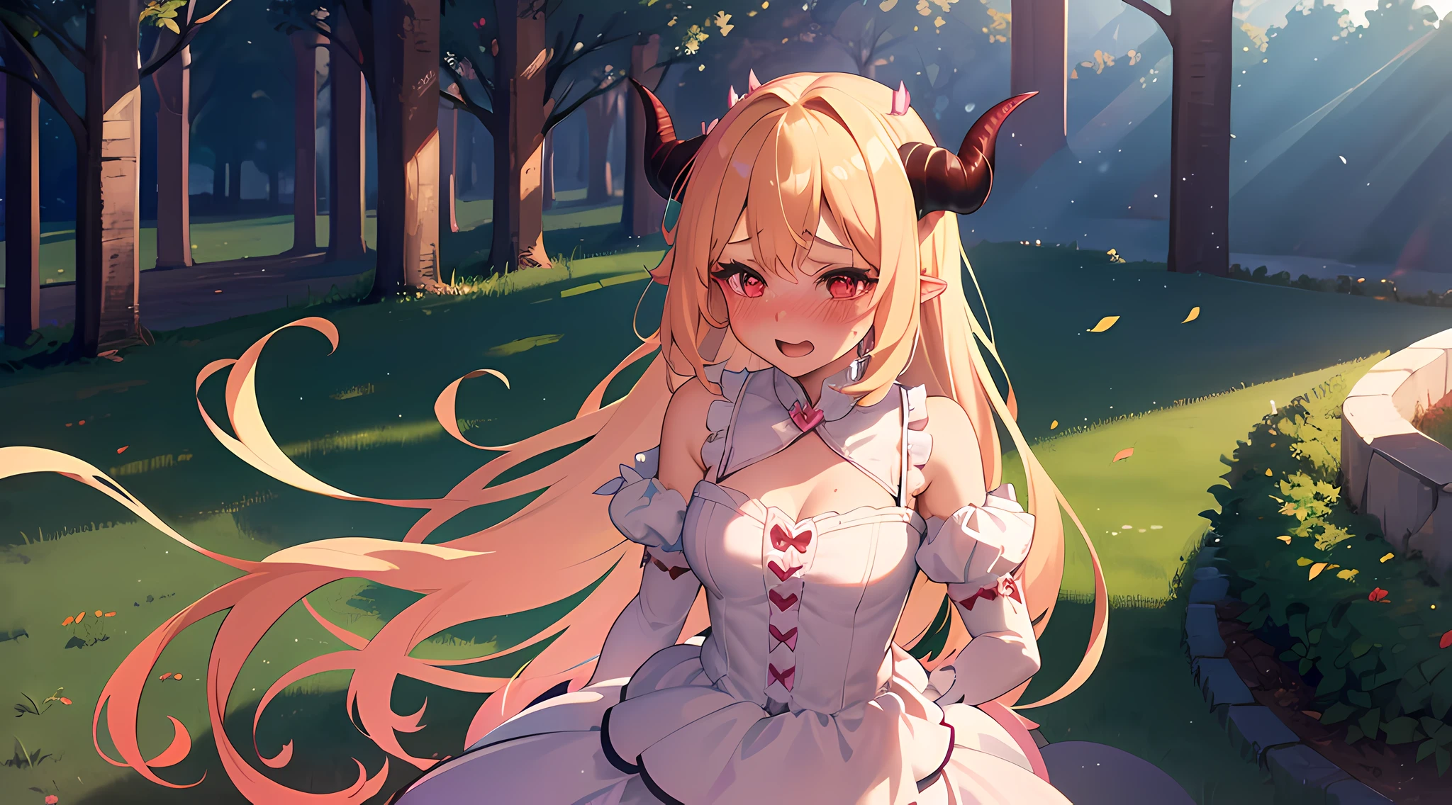 (1 demon girl), front lighting, demon horns, beautiful princess dress, detailed face, walking in the middle of park on castle, very bright daytime, blonde hair, white hairpins, (blushing: 1.5), open mouth, heart eyes, (half body:0.6), front lighting, 8k, masterpiece, ultra HD,