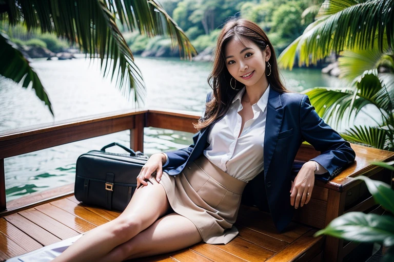 ((top-quality、in 8K、​masterpiece:1.3、Raw photo))、Super high quality photos, ((Aerial Photography)), On a small boat sailing through a tropical jungle, ((Wearing a business suit with jacket and skirt)), ((Beautiful Japanese woman sitting on a boat)),((Wear a white blouse shirt under the jacket)), ((Perfect beauty 20 year old idol Japan woman)), ((burst into laughter)), ((protruding nipples under the shirt,,)), ((slim figure)), ((Slim legs)), ((slim thigh)), (Photorealistic: 1.4), (Ultra-high detail), (hyper realisitic: 1.4), (Realistic: 1.3), (Smooth lighting: 1.05), Full body, 1girl in, Solo, (Japanese actressl),　20yr old, cinematlic lighting, ((Leaner figure)), Good anatomy, Correct anatomy, On a small boat sailing through a tropical jungle, ((Perfect beauty 20 year old idol Japan woman)), ((Slim legs)), ((slim thigh)), ,((Perfect beauty)), ((He has a small camping bag in one hand.)), ((Panties are visible through the skirt)), ((burst into laughter)), ((camel's toe)), ((Wearing a business suit with jacket and skirt)), ((Hands on the crotch)). ((Aerial Photography)), ((Wearing a skirt)),