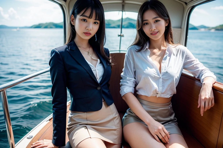 ((top-quality、in 8K、​masterpiece:1.3、Raw photo))、Super high quality photos, ((Aerial Photography)), On a small boat sailing through a tropical jungle, ((Wearing a business suit with jacket and skirt)), ((Beautiful Japanese woman sitting on a boat)),((Wear a white blouse shirt under the jacket)), ((Perfect beauty 20 year old idol Japan woman)), ((burst into laughter)), ((protruding nipples under the shirt,,)), ((slim figure)), ((Slim legs)), ((slim thigh)), (Photorealistic: 1.4), (Ultra-high detail), (hyper realisitic: 1.4), (Realistic: 1.3), (Smooth lighting: 1.05), Full body, 1girl in, Solo, (Japanese actressl),　20yr old, cinematlic lighting, ((Leaner figure)), Good anatomy, Correct anatomy, On a small boat sailing through a tropical jungle, ((Perfect beauty 20 year old idol Japan woman)), ((Slim legs)), ((slim thigh)), ,((Perfect beauty)), ((He has a small camping bag in one hand.)), ((Panties are visible through the skirt)), ((burst into laughter)), ((camel's toe)), ((Wearing a business suit with jacket and skirt)), ((Hands on the crotch)). ((Aerial Photography)), ((Wearing a skirt)),