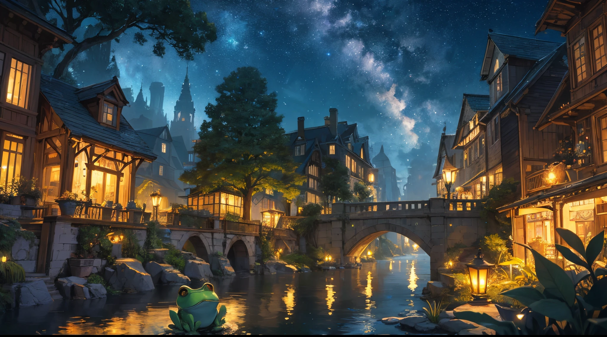 As nightfall descends, the sky transforms into a vast canvas of celestial wonders. Countless stars twinkle with ethereal brilliance, casting their gentle light upon the landscape below. The moon, full and radiant, bathes the scene in a soft, luminescent glow, illuminating every intricate detail with a touch of magic.
At the heart of the composition stands a majestic mechanical frog, a true marvel of craftsmanship and imagination. Its metallic exterior, adorned with ornate engravings and delicate filigree, reflects the moonlight in a shimmering dance. Gears and cogs of all sizes intricately interlock, bringing the frog to life with a symphony of mechanical movements.
Perched atop the frog's broad back is a captivating sight—a bustling city, meticulously crafted in miniature form. Towering skyscrapers adorned with vibrant neon lights soar towards the heavens, casting a kaleidoscope of colors onto the night sky. The cityscape comes alive with bustling streets, where tiny figures go about their daily lives amidst the vibrant energy of a cyberpunk dreamscape.
As the mechanical frog traverses the landscape, its movements create a gentle rumble, echoing through the air and adding a touch of whimsy to the scene. It gracefully hops from one patch of lush grass to another, its progress leaving behind a trail of luminescent stardust that dances in the night.
Surrounding the mechanical frog and its miniature city, an enchanting natural world unfolds. Tranquil ponds reflect the starry heavens above, their surfaces shimmering like liquid diamonds. Water lilies grace the calm waters, their delicate petals glowing softly in the moonlight. Nearby, a serene forest stands proud, with towering trees adorned in bioluminescent moss that casts an otherworldly glow upon the surroundings.
As you explore the landscape further, you discover hidden nooks and crannies adorned with whimsical details. Tiny bridges span miniature rivers, connecting different sections of the cityscape. Waterfa