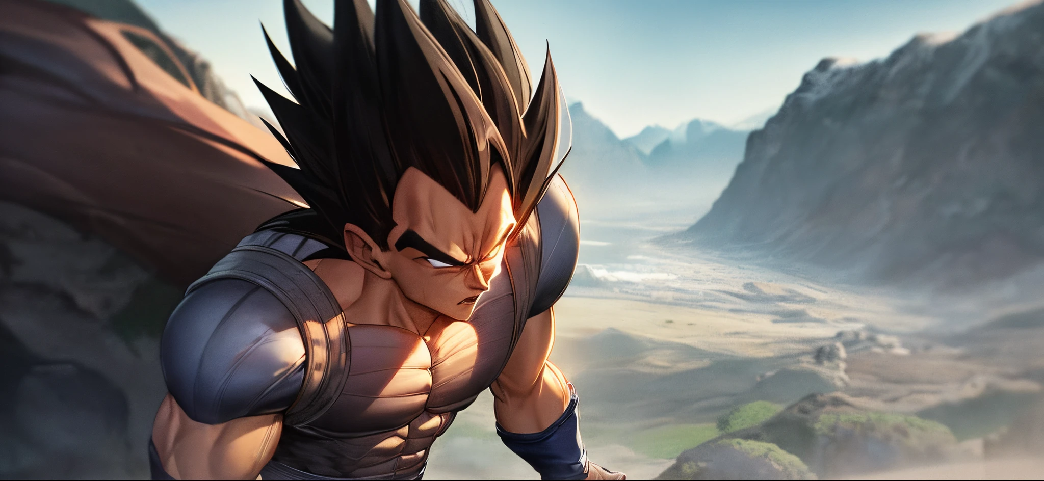 a man, vegeta dragon ball character, masterpiece, best quality, (extremely detailed CG unity 8k wallpaper), (best quality), (best illustration), (best shadow), absurdres, realistic lighting, (Abyss), beautiful detailed glow, art by PeterMohrBacher,