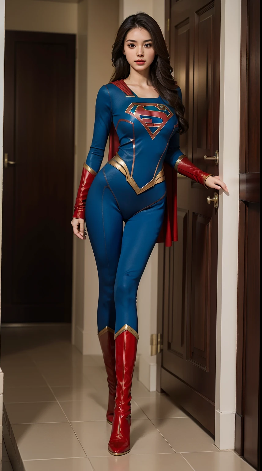 Best quality, full-body portraits, delicated face, Nice face, Slim figure,Highlight your figure (Large breasts:1.1),Supergirl cosplay in full body suit , the right proportions, doorframe