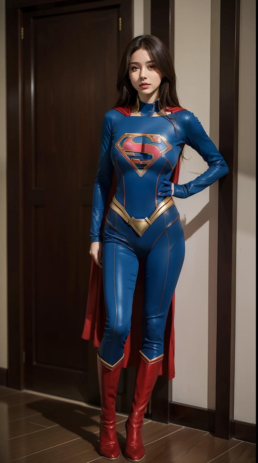 Best quality, full-body portraits, delicated face, Nice face, Slim figure,Highlight your figure (Large breasts:1.1),Supergirl cosplay in full body suit , the right proportions, doorframe