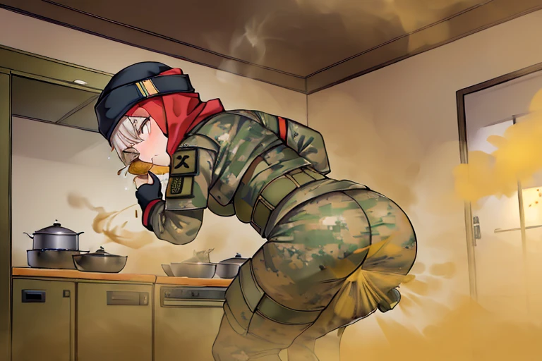 ((wear hijab))),Yellow smoke,Attacked by farts, Attack with farts,)),(attacks food with farts)),((Sticking out the butt)),((wearing a military soldiers outfit and wear hijab)),velocity,, (((Yellow smoke is rising ))),((Hip Attack)),((),((Facing this way))),masterpiece:1.2、top-quality)、(the Extremely Detailed CG Unity 8K Wallpapers、ultra-detailliert、Best Shadows)、(细致背景)、(The best lighting、extremely delicate and beautiful)、depth of fields,((Girl fart)),(),(((((There is a dinner food for other soldier and a female military soldiers.......))))),(((Female military soldiers attacks a food in a kitchen with a hip attack..))),(((high-handed female military soldiers)),((())),((big boob)),((big butt)),,((the camera record them)),((farting on kitchen room)),(),((kitchen room)),((farting on food)),((fart text)),((his butt is stuck in the food))