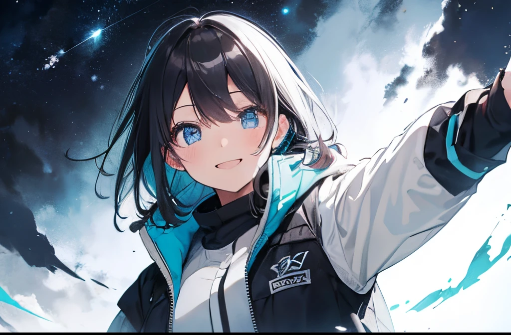 【Highest Quality, masutepiece】,Manteau, expressioness, front facing,1 girl in, Turquoise eyes,  jet-black hair, Jacket (Gray white background:1.4), (Night sky background:1.3),Smile,