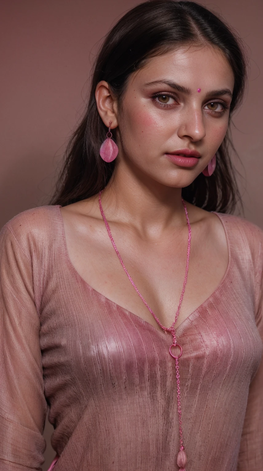 Salwar Kameez dark pink color, (RAW photo, realism: 1.8), (very dark pink lip gloss, jet dark pink lipstick, realistic eyelashes, dark brown eye shadow, shy, blushing, high quality, high resolution, depth of field, chromatic aberration, caustic, wide light, natural colors, 25 year old woman), necklaces, chokers, earrings, nose pin, bracelets, soft skin, fair pink skin, small breasts size, oily shine skin, slime nose, soft skin,