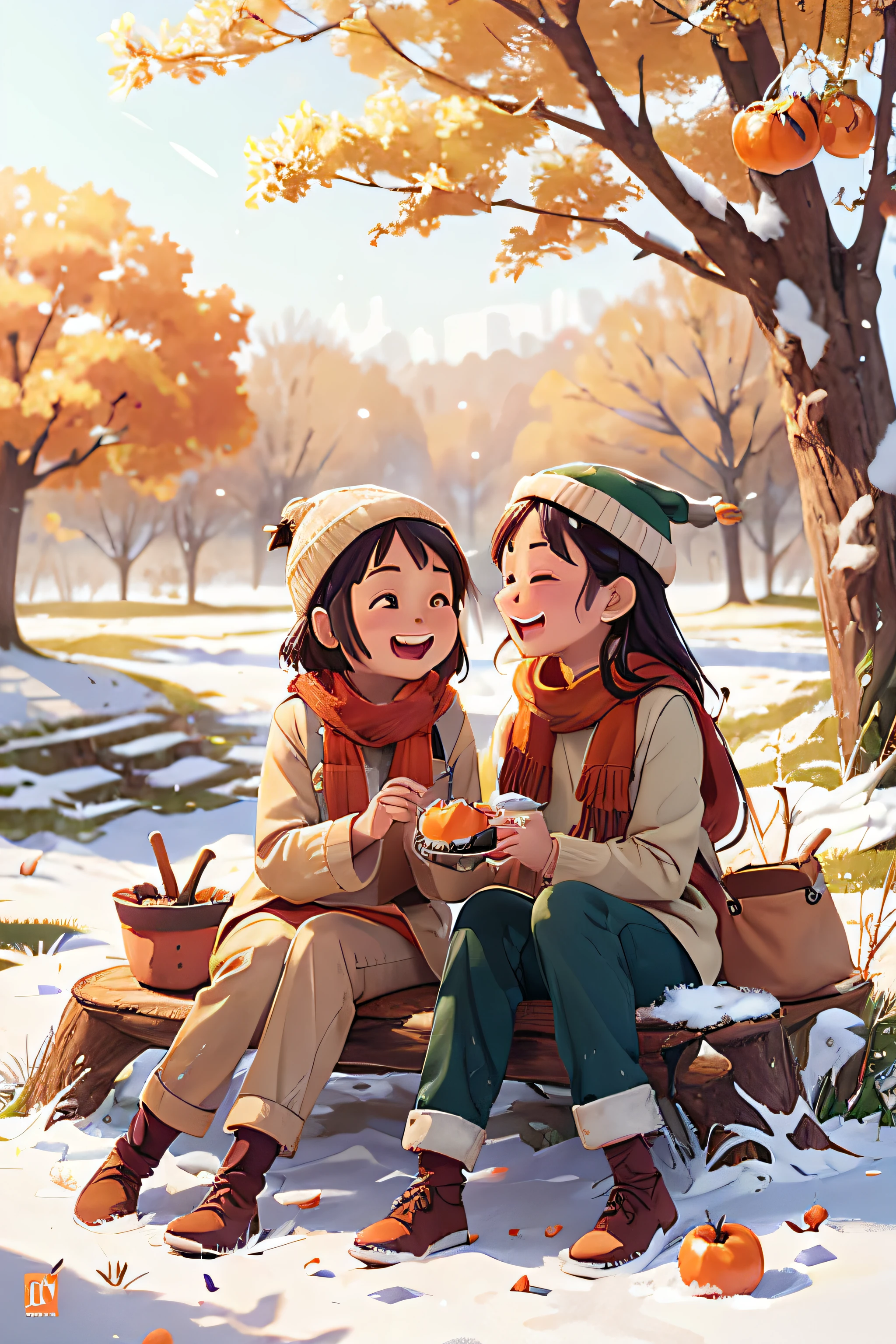 (Photorealistic:1.37),Sitting under the persimmon tree with friends,Sitting on the old tree trunk,Open your mouth and laugh,closeup of face,Wear long-sleeved trousers,Wearing a scarf and woolen hat,Snowflakes on the trees,Persimmons in hand,((Season winter)),,light wind,(It was snowing heavily:1.0),,snow landscape,Vibrant sunshine,joyful expressions,Bonds of friendship,relaxing atmosphere,serene environment,Lively conversation,A satisfied smile,laughter echoes,Moments of happiness,There is a persimmon tree next to it ,(The trees are covered with persimmons),happiness sharing,Cheerful ambiance,Fun interaction,pleasant smell,lindo cenario,harmonious connection,Beauty,lighthearted conversation,warm sunlight,,Quiet environment,dance reflection,,,gentle ripples,Tranquility in the air,Memories full of laughter,winter happiness