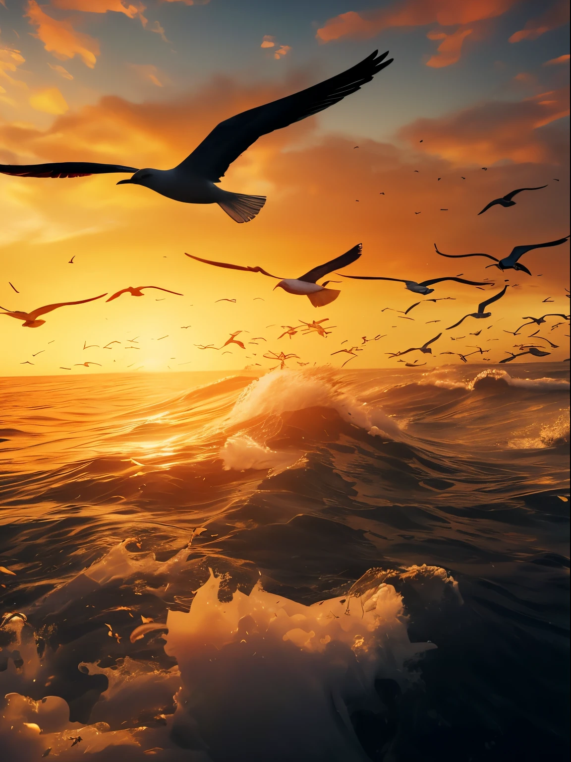 Many birds fly over the ocean at sunset, birds flying in the sunlight, flying over the ocean, amazing wallpapers, soaring waves, Beautiful nature, birds flying, beautiful iphone wallpaper, amazing depth, Beautiful composition, birds in the sunlight, chaotic sea setting, amazing background, flying birds in distance, Wallpaper phone, Birds fly away, very beautiful photograph of, Beautiful wallpaper