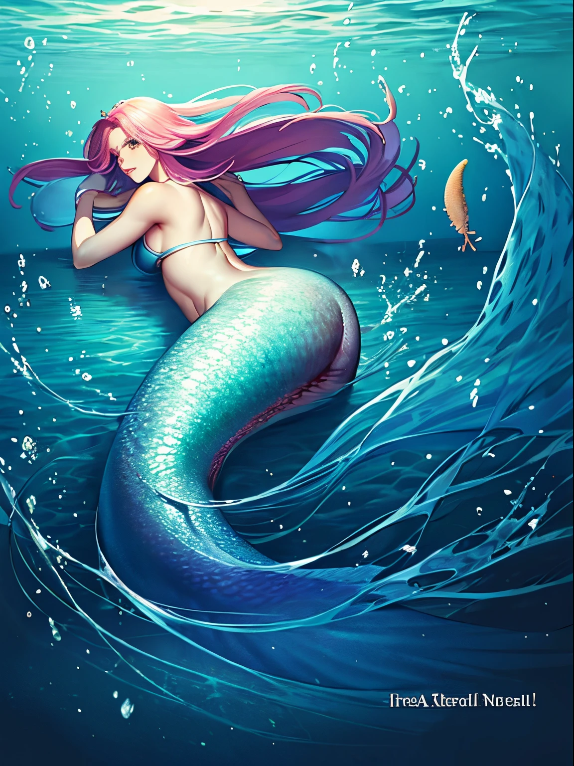 realistic photo, best possible quality, ultra realistic, sea, seabed, underwater, corals and reefs, a mermaid, a beautiful young woman, with random hair moving in the water, from waist to toe, she has a fish tail, mermaid, swimming with school of fish