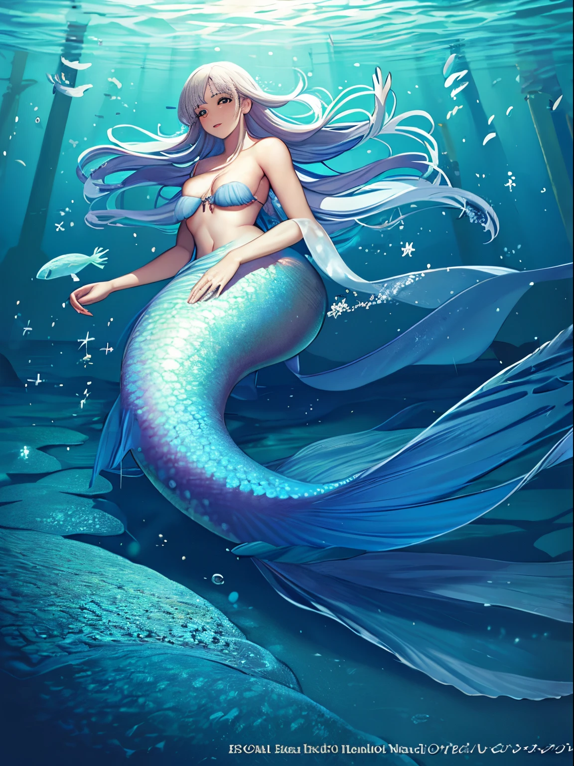 realistic photo, best possible quality, ultra realistic, sea, seabed, underwater, corals and reefs, a mermaid, a beautiful young woman, with random hair moving in the water, from waist to toe, she has a fish tail, mermaid, swimming with school of fish