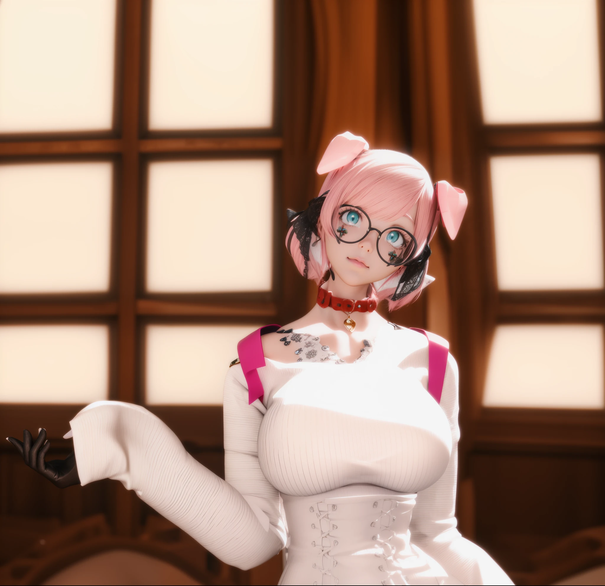 there is a woman in a white dress with pink hair, pink twintail hair and cyan eyes, holding a pudica pose, twintails white_gloves, rin, pudica pose, dressed like a cleric, 8k octae render photo, hints of yayoi kasuma, ( ( 3 d render ) ), 2b, 2 b