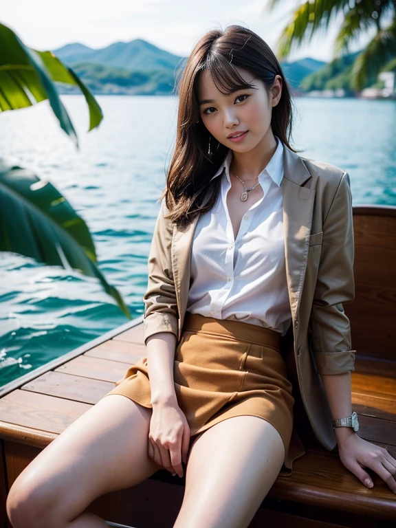 ((top-quality、in 8K、masterpiece:1.3、Raw photo))、Super high quality photos, ((Aerial Photography)), On a small boat sailing through a tropical jungle, ((Wearing a business suit with jacket and skirt)), ((Beautiful Japanese woman sitting on a boat)),((Wear a white blouse shirt under the jacket)), ((Perfect beauty 20 year old idol Japan woman)), ((burst into laughter)), ((protruding nipples under the shirt,,)), ((slim figure)), ((Slim legs)), ((slim thigh)), (Photorealistic: 1.4), (Ultra-high detail), (hyper realisitic: 1.4), (Realistic: 1.3), (Smooth lighting: 1.05), Full body, 1girl in, Solo, (Japanese actressl), 20yr old, cinematlic lighting, ((Leaner figure)), Good anatomy, Correct anatomy, On a small boat sailing through a tropical jungle, ((Perfect beauty 20 year old idol Japan woman)), ((Slim legs)), ((slim thigh)), ,((Perfect beauty)), ((He has a small camping bag in one hand.)), ((Panties are visible through the skirt)), ((burst into laughter)), ((camel's toe)), ((Wearing a business suit with jacket and skirt)), ((Hands on the crotch)). ((Aerial Photography)), ((Wearing a skirt)), ((camel's toe)),