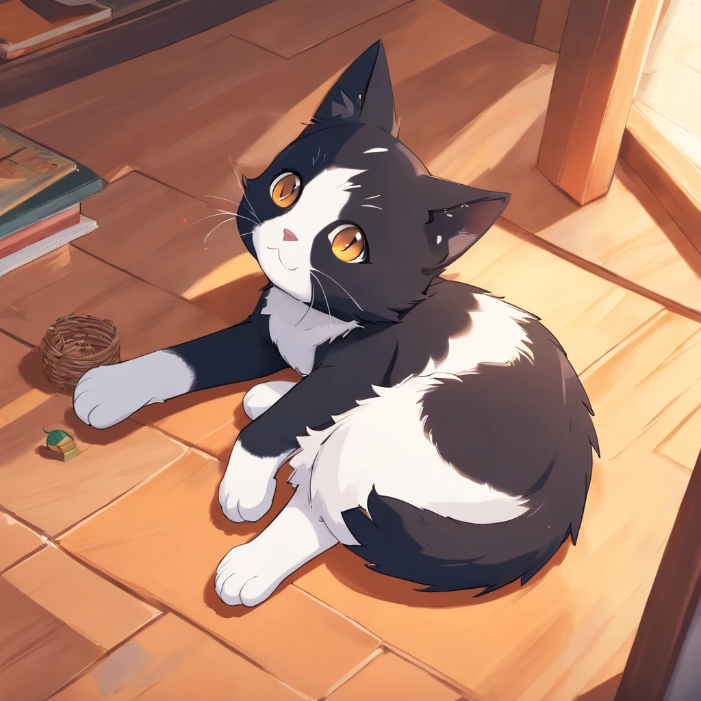 Little cute isometric cat emoji, tuxedo jack, black and white cat, furry and beautiful, The kitten is lying down and holding its scratcher,