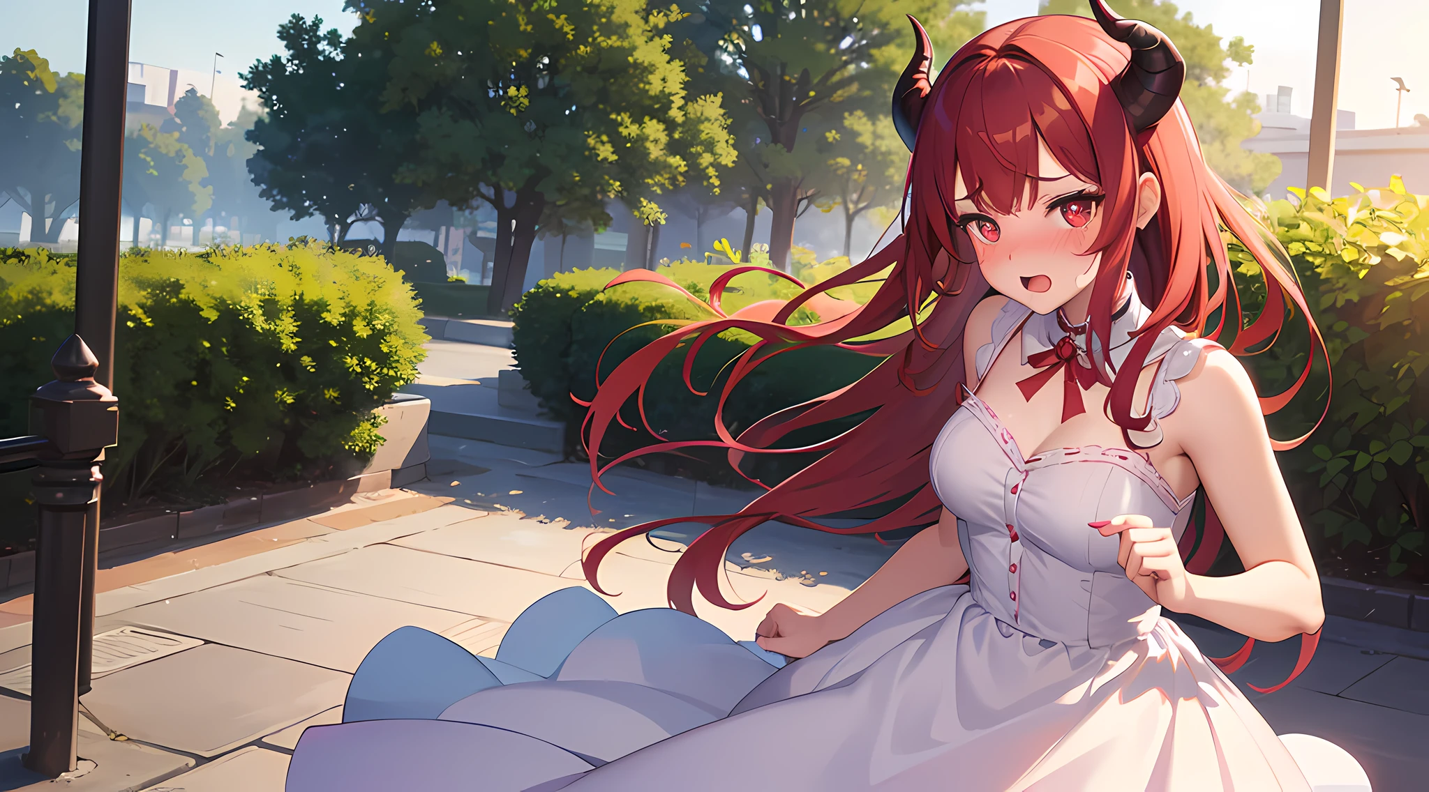 (1 demon girl), front lighting, demon horns, beautiful princess dress, detailed face, walking in the middle of park on daytime, red hair, black hairpins, (blushing: 1.5), open mouth, licking finger, heart eyes, (half body:0.6), front lighting, 8k, masterpiece, ultra HD,