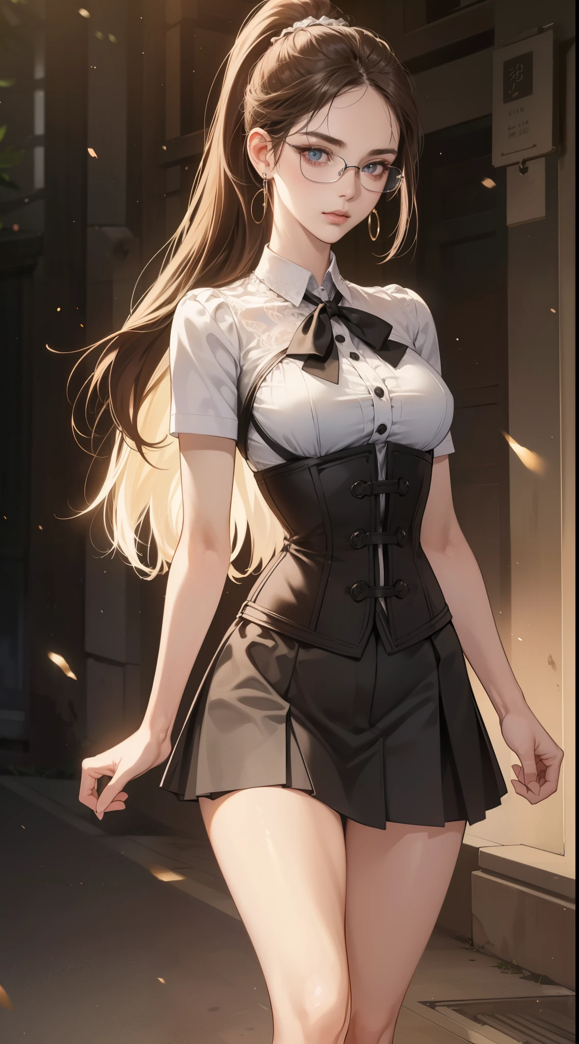 8K, masutepiece, Raw photo, Best Quality, Photorealistic, Highly detailed CG Unity 8k wallpaper, depth of fields, Cinematic Light, Lens Flare, Ray tracing, (Extremely beautiful face, Beautiful lips, Beautiful eyes), intricate detail face, ((Ultra detailed skin)) 1girl in, In the Dark, deepshadow, , (Very slim and slender fit muscular body:1.3), ((Looking at Viewer)),), (Blurred background),(No people in the background:1.3), Beautiful earrings, Bracelets, Clear eyes, Walking, (pale skin), (Big eyes), Face forward, (Brown hairs), (Full body shot), , ((Black high-waisted skirt)), , (Looking at Viewer:1.3) opened breast, Very slim, medium breasts, ass forcus, Before the eyebrows, thick thighs((whiteshirt:1.3)), (double-breasted,Underbust:1.2), Short sleeves, buttonGap,Frameless glasses,Corset Belt,Beautiful ponytail,