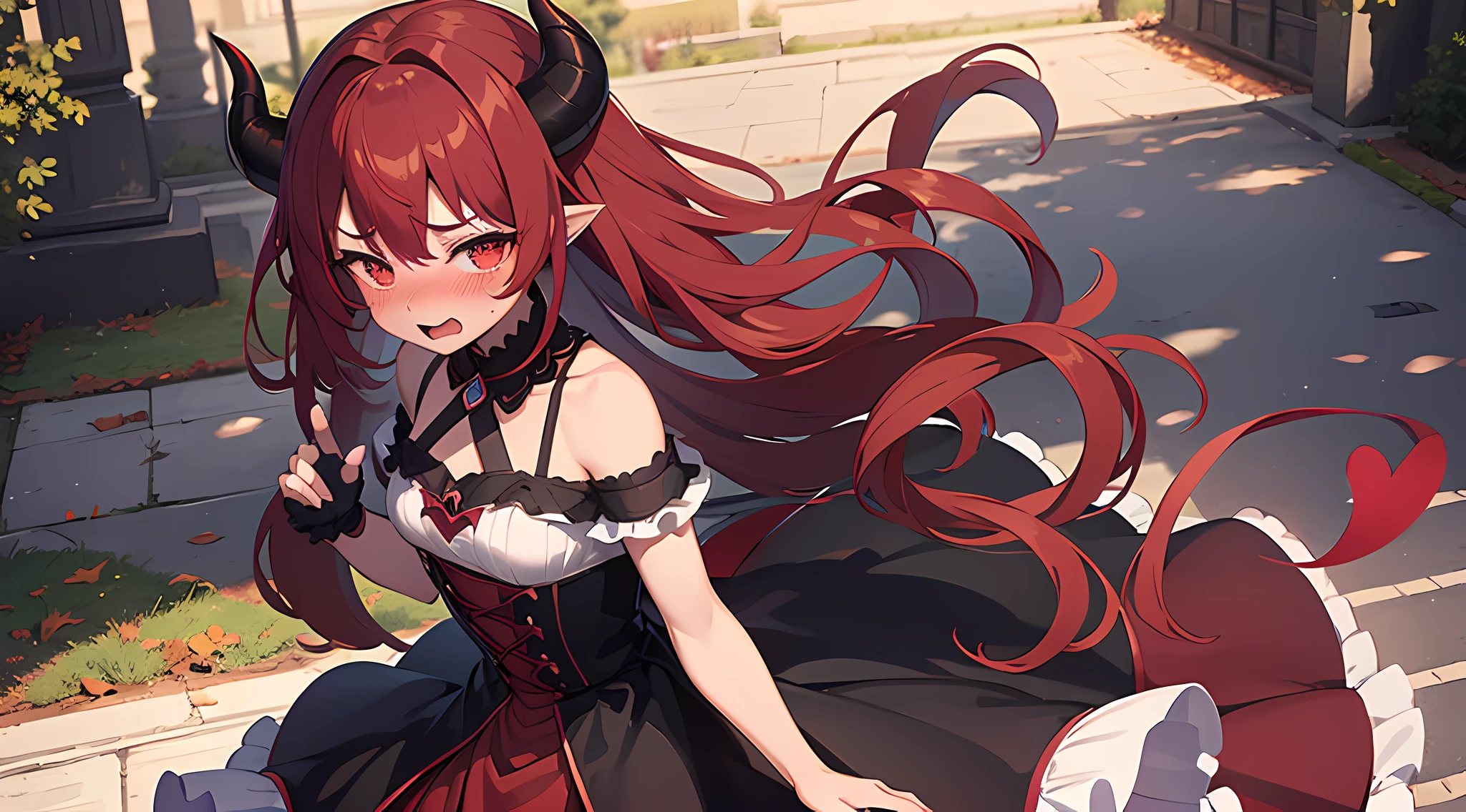 (1 demon girl), front lighting, demon horns, beautiful princess dress, detailed face, walking in the middle of park on daytime, red hair, black hairpins, (blushing: 1.5), open mouth, licking finger, heart eyes, (half body:0.6), front lighting, 8k, masterpiece, ultra HD,