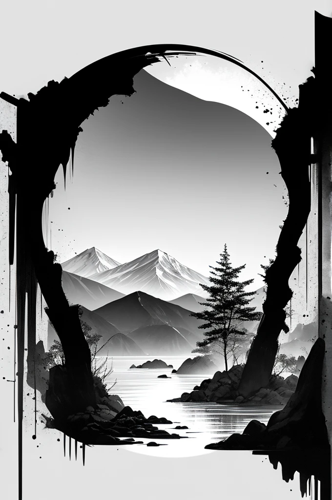 whitebackground, scenery, (in the center there is a silhouette of a white tiger:2,5) 墨水, mountains, water, the trees, White Tiger
