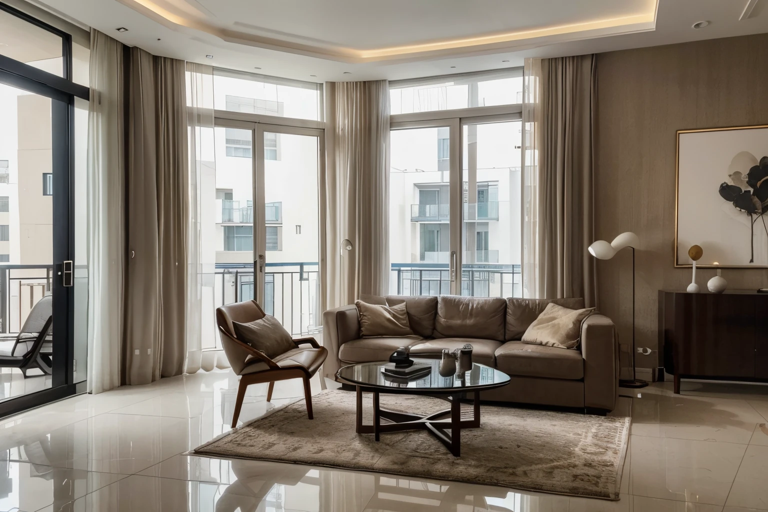 a view of a living room with a couch, table, chairs, and a dining area, luxury condo interior, modern interior design, inside a modern apartment, luxurious environment, beige and dark atmosphere, modern living room, dark and beige atmosphere, popular interior design style, interior architecture view, apartment design, dark and,8k post, 8k post,high quality picture, superb detail 8k, by Jacob Pynas, everything is real, architectural shot, modern design, perfect and clean modern, modern style, modern design, everything is real, the objects are real