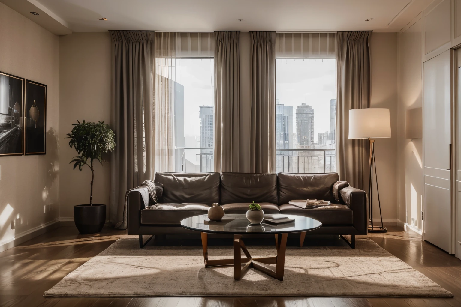 a view of a living room with a couch, table, chairs, and a dining area, luxury condo interior, modern interior design, inside a modern apartment, luxurious environment, beige and dark atmosphere, modern living room, dark and beige atmosphere, popular interior design style, interior architecture view, apartment design, dark and,8k post, 8k post,high quality picture, superb detail 8k, by Jacob Pynas, everything is real, architectural shot, modern design, perfect and clean modern, modern style, modern design, everything is real, the objects are real