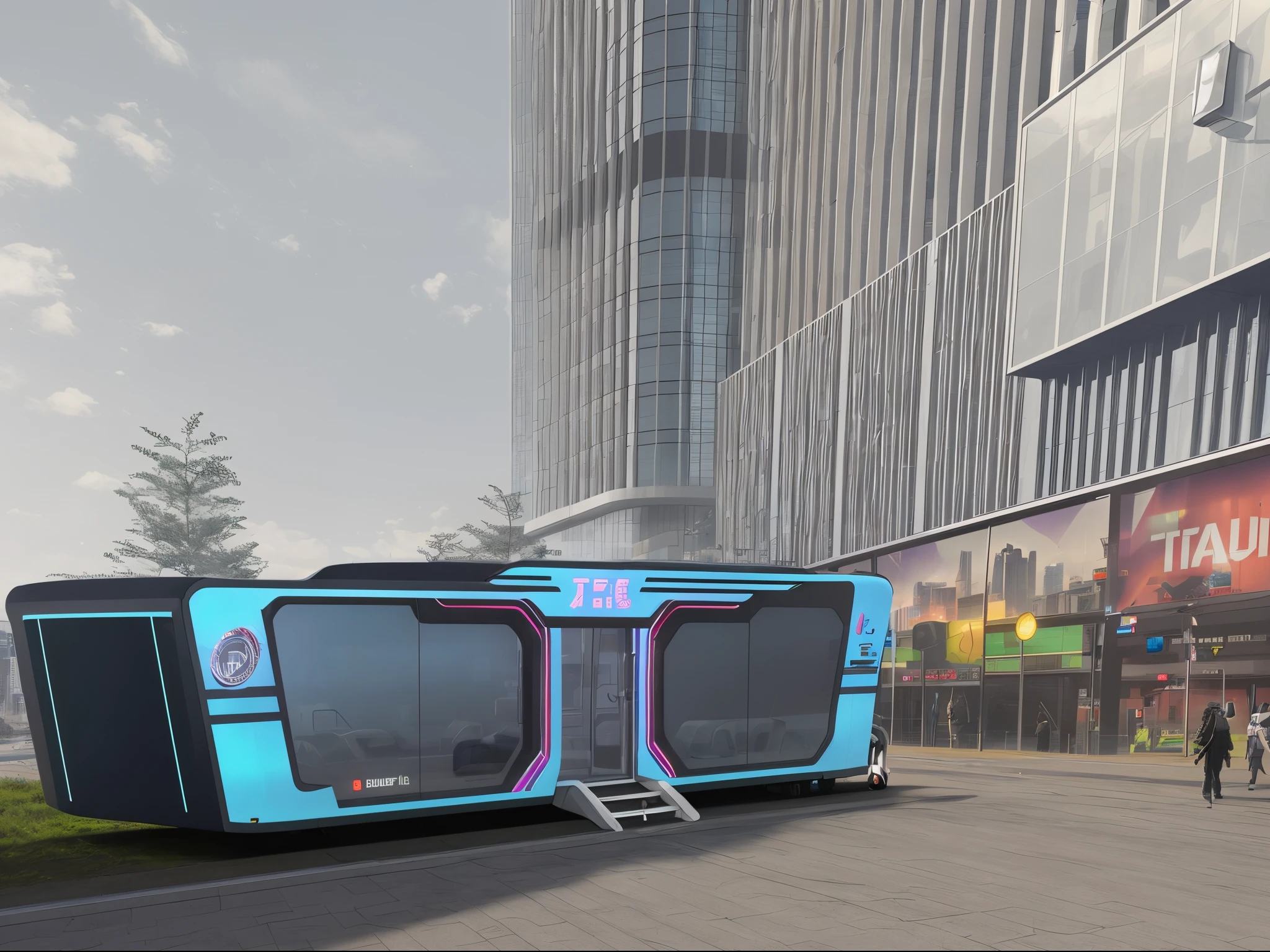 There is a bus traveling along the streets of the city, cyberpunk bus stop, cyberpunk elevated train, concept art-h 640, futuristic outpost building, transportation design render, in 2 0 5 5, neofuturistic highly detailed, 3d concept render, 3d concept render, Taxi of the future, Casino of the future, 3D rendering n - 9, Future concept design