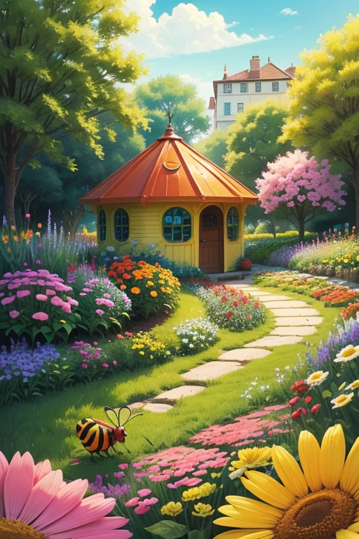 Image: A vibrant garden filled with colorful flowers, buzzing insects, and Cody the Curious Caterpillar exploring under the sunlight.
