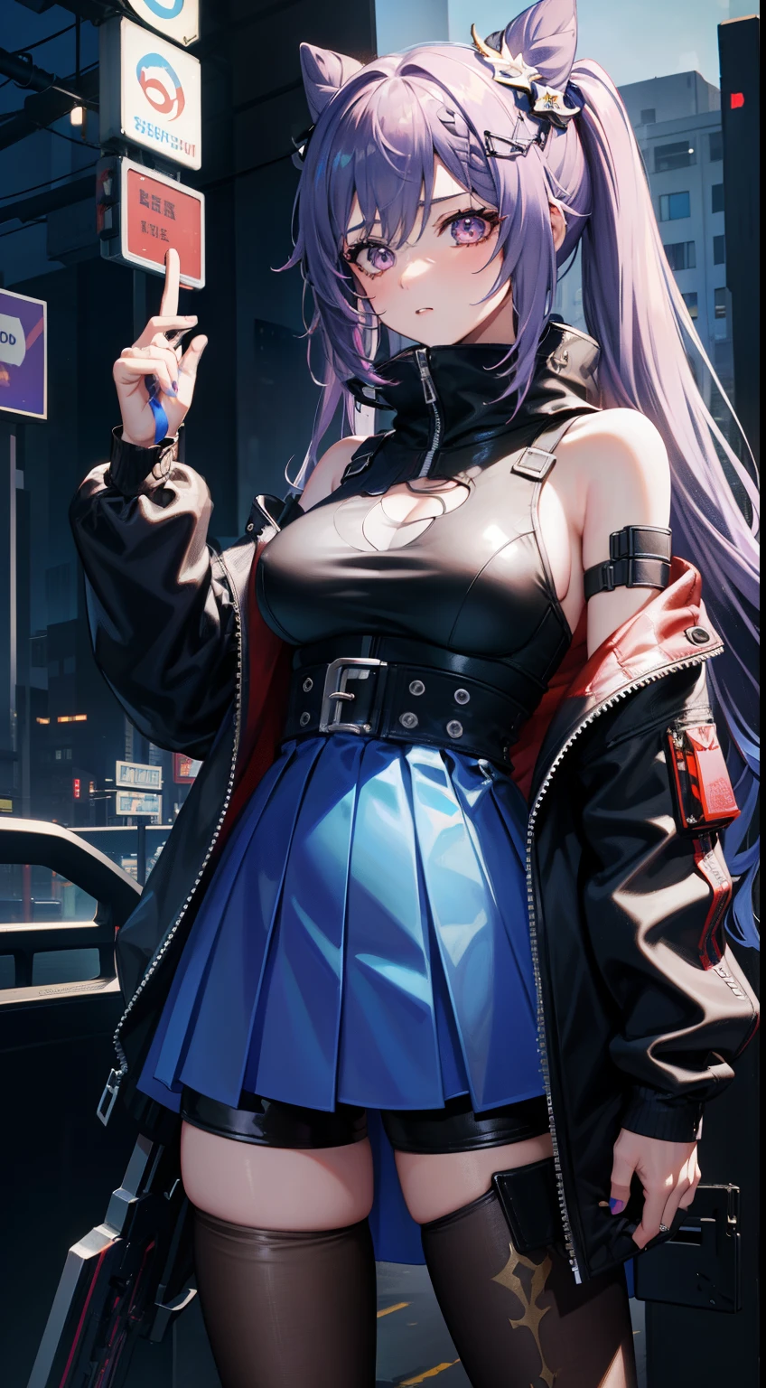 4k画质,Highest high resolution,Gray-purple bangs,Red eyes,20yr old,woman,Graffiti walls,street corner,short skirt,blackstockings,God perspective,Clear face,Detailed eyes,cleavage,