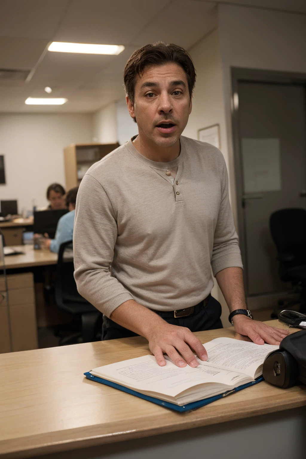 Mercedes a {{middle-aged male salesman}}, in the office, accusing a {{male salesman}}} and a {{female salesman}}