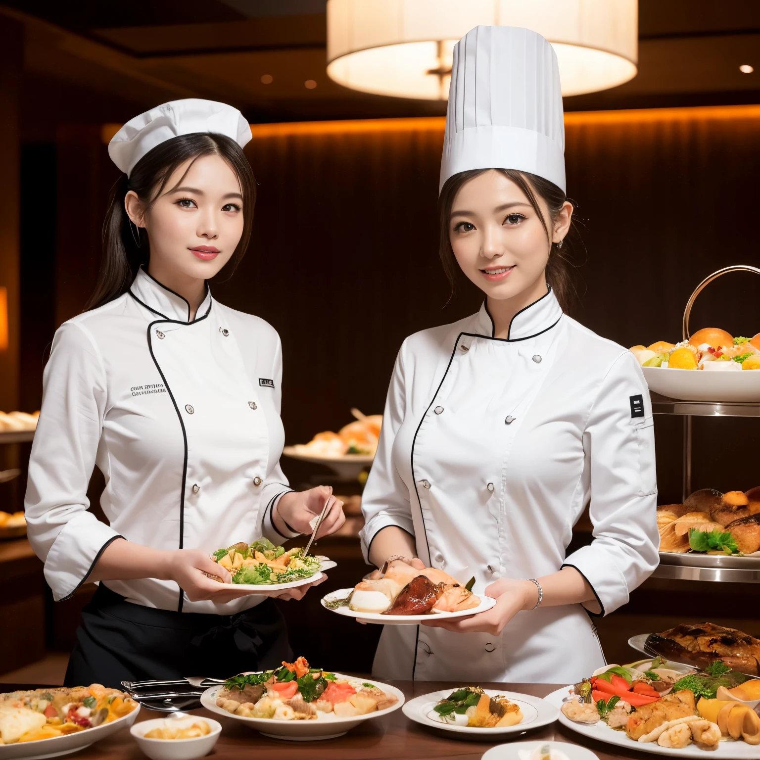 ((top-quality、masutepiece、8K、Top image quality、Hyper-Realism))、(1 photo:1.5)、(Chef's Hat:1.2)、(1 female:1.5)、(1 real female chef:1.3)、(standing elegantly:1.1)、(cowboy shot:1.5)、((The background is the most luxurious buffet dining at a luxury hotel.:1.5)、(perfect real chef uniform:1.5)、(Chignon)、Elegant smile、Perfect makeup、long eyelashes、View me、(perfect anatomia:1.3)、large full breasts、bangss