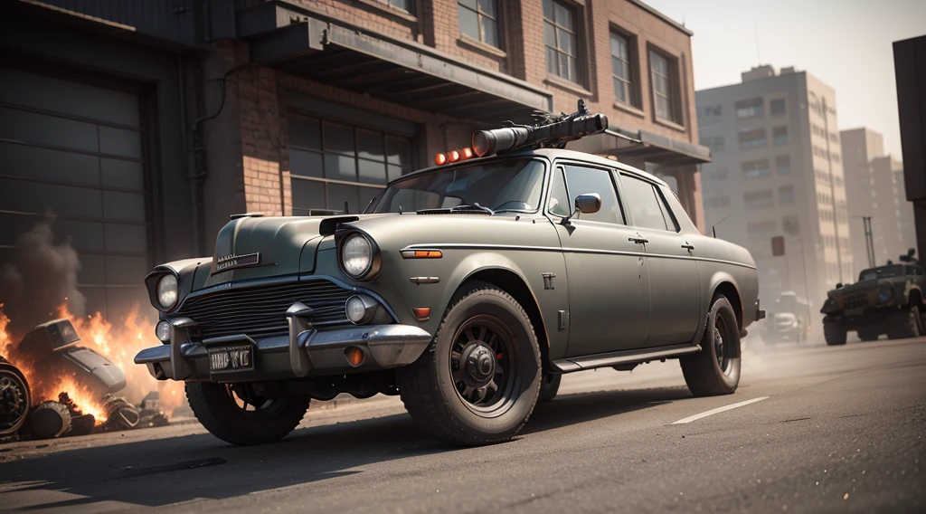 3D model HD rendering, dieselpunk car rendering, (gun mounted), straight Angle isometric view, 45 degree Angle, (gray background), high detail, movie, global lighting, reality lighting, Unreal Engine rendering, Substance 3D, octane rendering, (hdr:1.3), rundown, combat damage style, red.