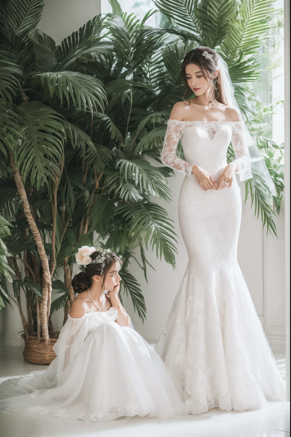 Best quality, 8k, 32k, Masterpiece, Masterpiece, (Photorealistic: 1.4), RAW photo, ultra realistic, 1girl, full body, wearing a white mermaid wedding dress, off-shoulder, floor-length style, chantilly lace fabric, Take product photos in white room with indoor decorative palm tree, stand upright and look straight