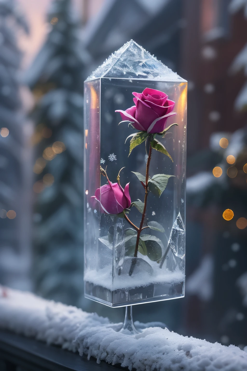 "A highly detailed and intense depiction of a terrifying full-body-shot and dramatically captured in ultra-detailed 8k wallpaper, showcasing intricate complexity, HDR, shallow depth of field, backlights, bloom, light sparkles, Chromatic aberration." Frozen Rose flower in a crystal case, balcony, snowing, christmas, motion blur