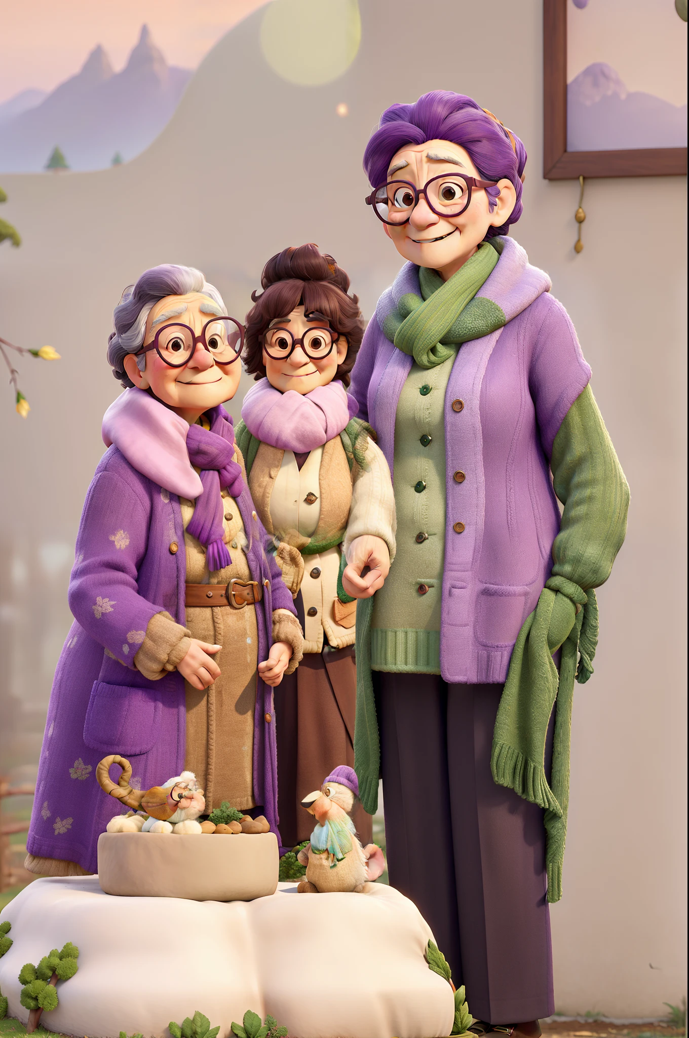 masterpiece, best quality, an old woman with glasses and a scarf on, wearing a purple coat and green scarf, standing at the park