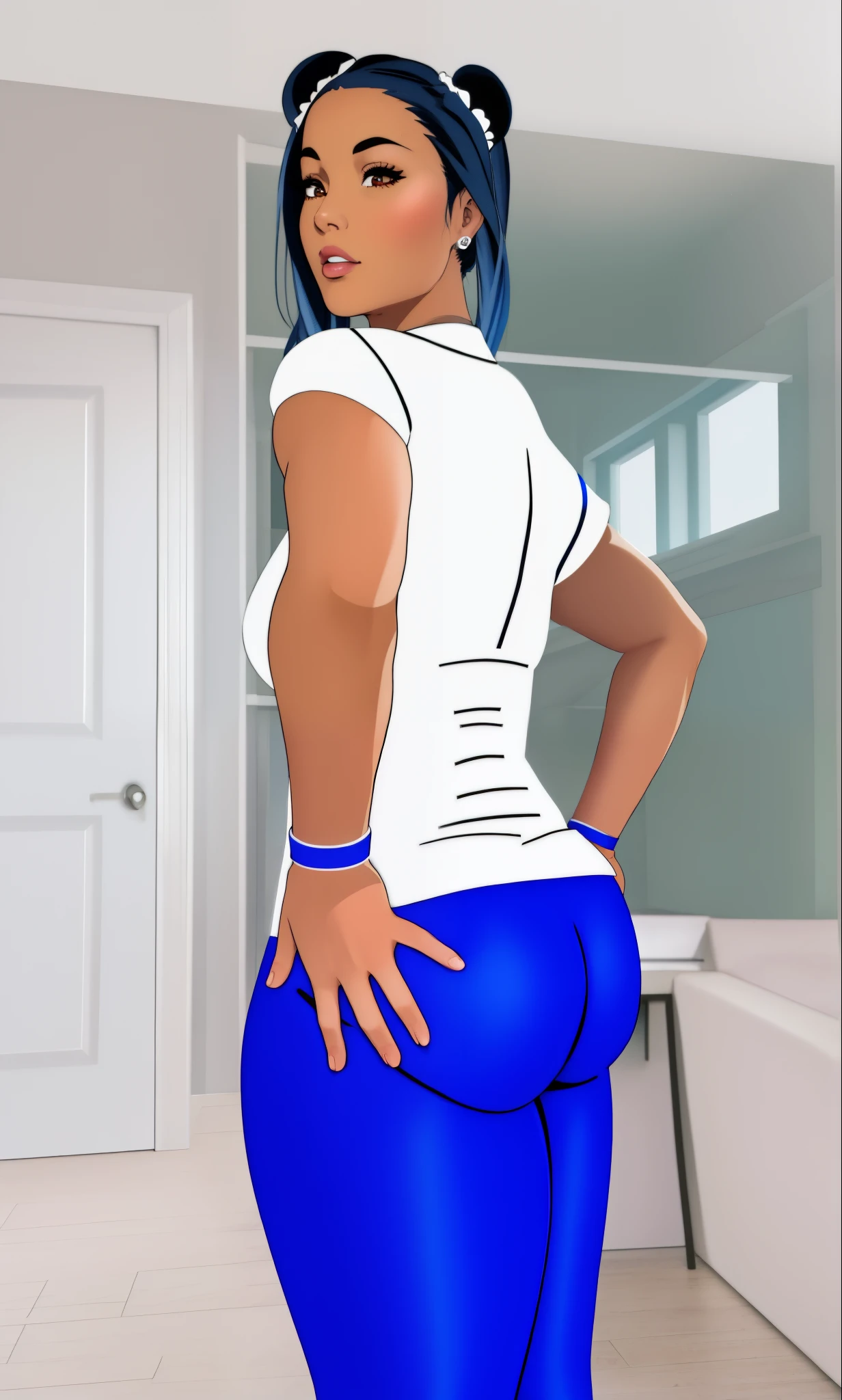 deadass_dutchess Chun-Li white shirt stays at hipline inbeteween the hipdips butt from behind black compression shirt with royal blue polymer latex leggings and navy blue gym shoes, haute couture, highly detailed, ornate, vogue, smooth, sharp focus, cohesive, 8K HD standing t-pose skintight polymer clothes visible silhouette of body tightness of clothes clinging to body very tight with wrinkles and creases and pantylines