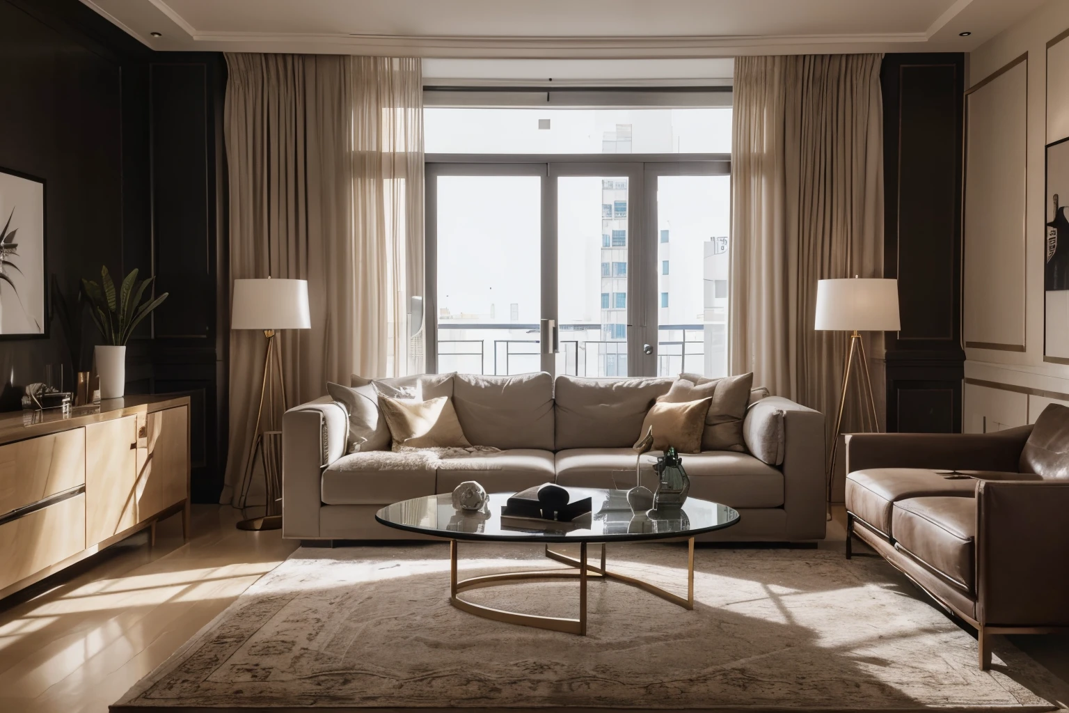 a view of a living room with a couch, table, chairs, and a dining area, luxury condo interior, modern interior design, inside a modern apartment, luxurious environment, beige and dark atmosphere, modern living room, dark and beige atmosphere, popular interior design style, interior architecture view, apartment design, dark and,8k post, 8k post,high quality picture, superb detail 8k, by Jacob Pynas, everything is real, architectural shot, modern design, perfect and clean modern, modern style, modern design, everything is real, the objects are real