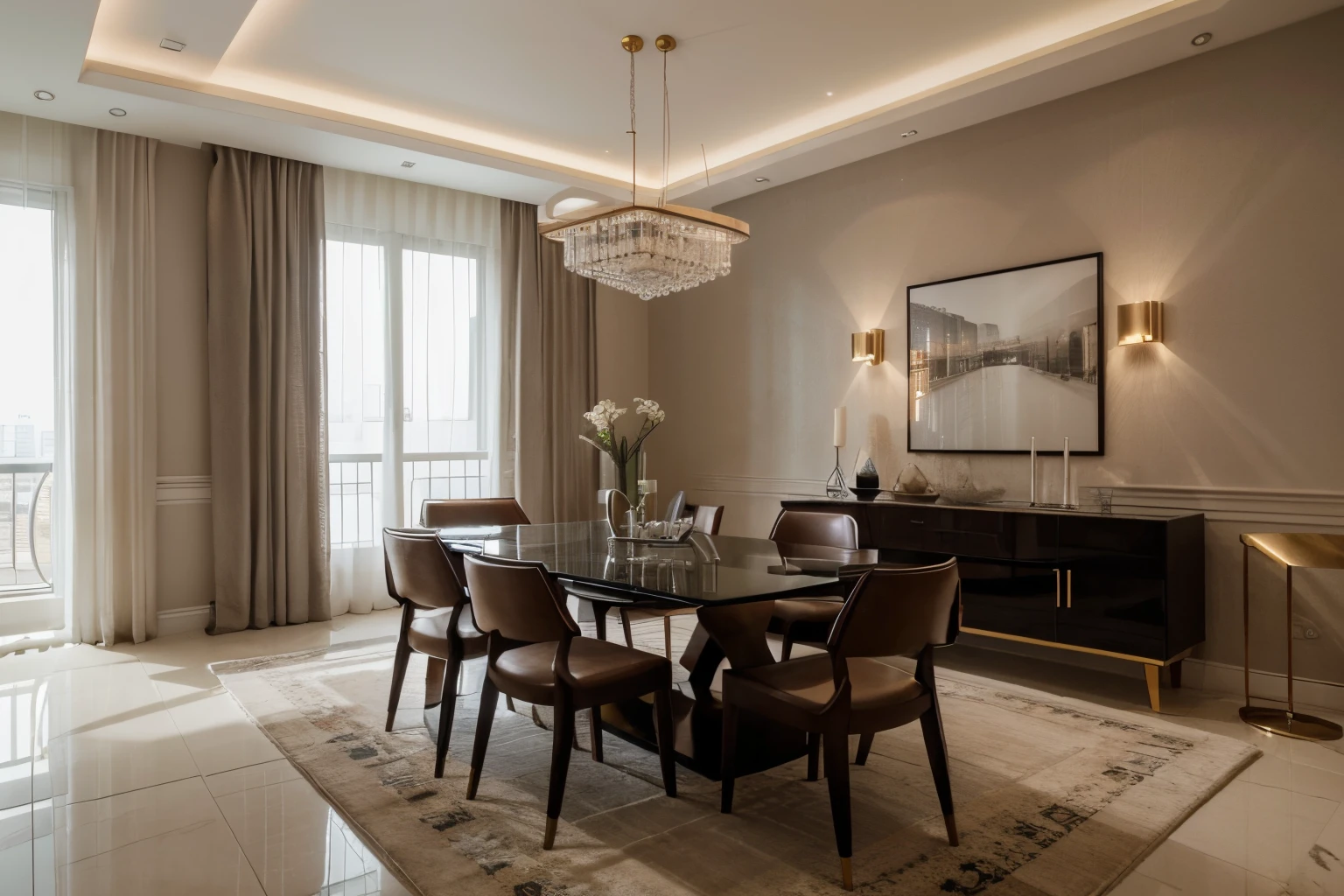 a view of a living room with a couch, table, chairs, and a dining area, luxury condo interior, modern interior design, inside a modern apartment, luxurious environment, beige and dark atmosphere, modern living room, dark and beige atmosphere, popular interior design style, interior architecture view, apartment design, dark and,8k post, 8k post,high quality picture, superb detail 8k, by Jacob Pynas, everything is real, architectural shot, modern design, perfect and clean modern, modern style, modern design, everything is real, the objects are real