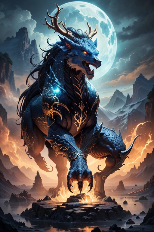 tmasterpiece,hightquality,hight resolution,16 K,realisticlying,(Mountains and sea),good monster from heaven,angelicales,Ferocious,brutality,old,Black-green scales,quadrupedal,Deer antlers,Mane hair,,sharp claws,Birds of prey,Fangs and sharp teeth,Sparkling red eyes,Huge body,full body Esbian,Make use of flames,Use Ice Magic,Ice and Fire Magic,Chinese mythology,Oriental elements,Epic mythological fantasy,digital art fantasy,Ancient myths and legends,a mythical creature,intricate fantasy illustration, detailed fantasy illustration, Highly detailed fantasy, beautiful detailed fantasy, magic fantasy highly detailed, highly detailed fantasy art, epic rivendell fantasy, detailed fantasy digital art, detailed fantasy art