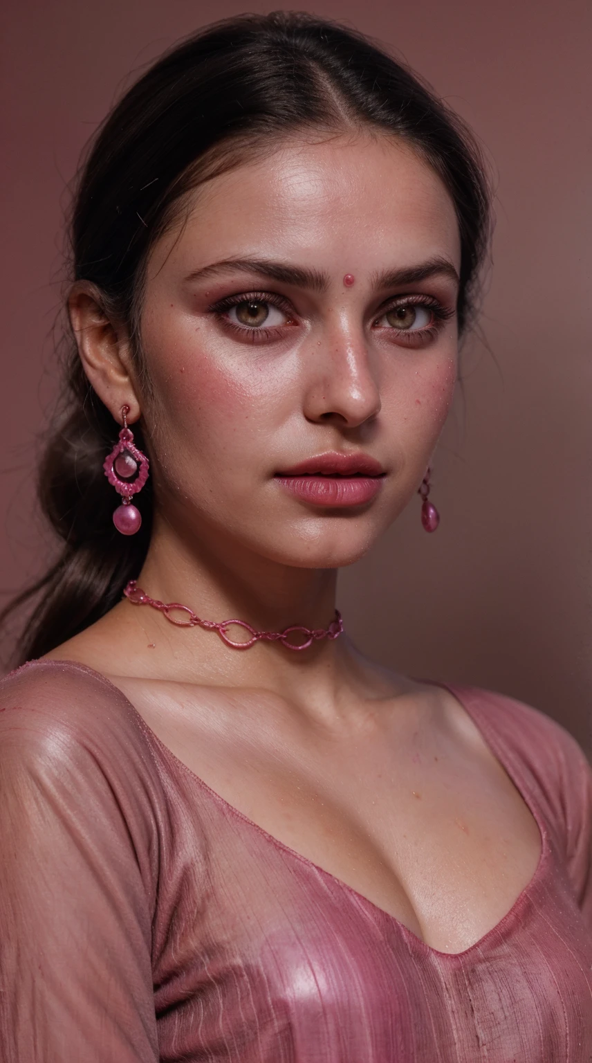 Salwar Kameez dark pink color, (RAW photo, realism: 1.8), (very dark pink lip gloss, jet dark pink lipstick, realistic eyelashes, dark brown eye shadow, shy, blushing, high quality, high resolution, depth of field, chromatic aberration, caustic, wide light, natural colors, 20 year old woman), necklaces, chokers, earrings, bracelets, soft skin, fair pink skin, small breasts size, water sprinkled on face, oily shine skin, slime nose, soft skin, wears nose pin,