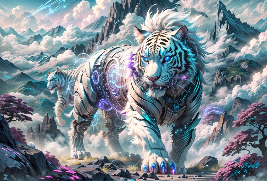 (Best quality at best, 8K,A high resolution,tmasterpiece:1.2),ultra - detailed),future robot animal white tiger,full body shot of,Colorful neon lights,High-tech mechanical parts,Metal claws and body,Metal head and mouth,Metal fur,Very cool,Metal legs,Bionic eye,Detailed fur design,Open your mouth wide,Electric blue and vivid purple,Vivid glowing eyes,Reflective metal surface,The environment is gloomy,dynamicposes,The presence of majesty,Technological progress,Interlocking mechanical gears,Dynamic and stylish design,motion blur effect,Meticulous craftsmanship,sci-fi vibes,Streamlined aerodynamic shape,Laser scanning pattern,holographic projections,Light-emitting circuit lines,unforgettably beautiful,otherworldly precision,Advanced sensors,complex algorithm,Ominous and mysterious atmosphere,electric sparks,Shiny chrome plating,Propulsion systems of the future, Mech4nim4lAI