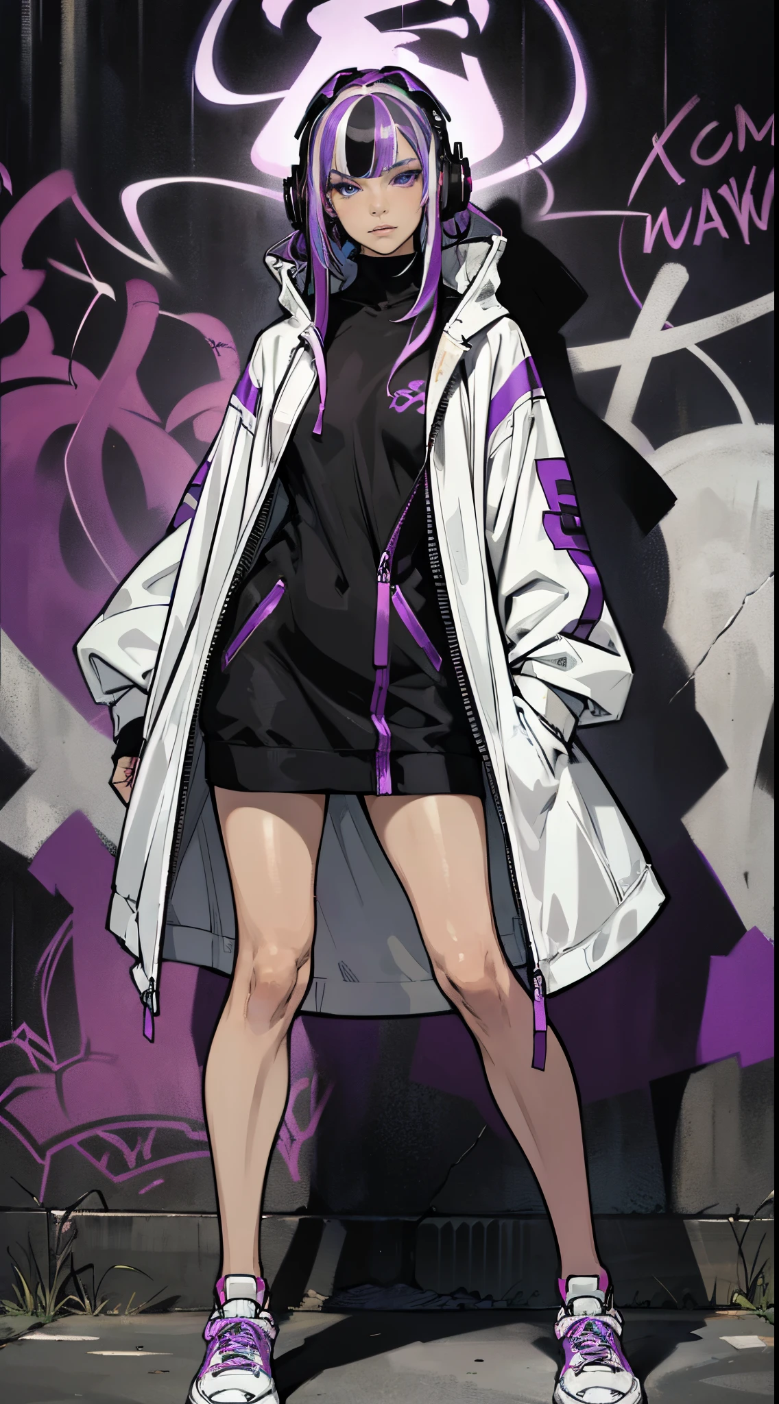 masterpiece, 1girl, beautiful face, perfect face, beauty of a goddess, white skinned girl, ((ultra detailed eyes)), clear eyes, glowing purple eyes, (streaked hair), unzipped coat, front bangs, standing in front of a graffiti-covered wall, street fashion, sneakers, head to toes, wearing headphones, striking a pose